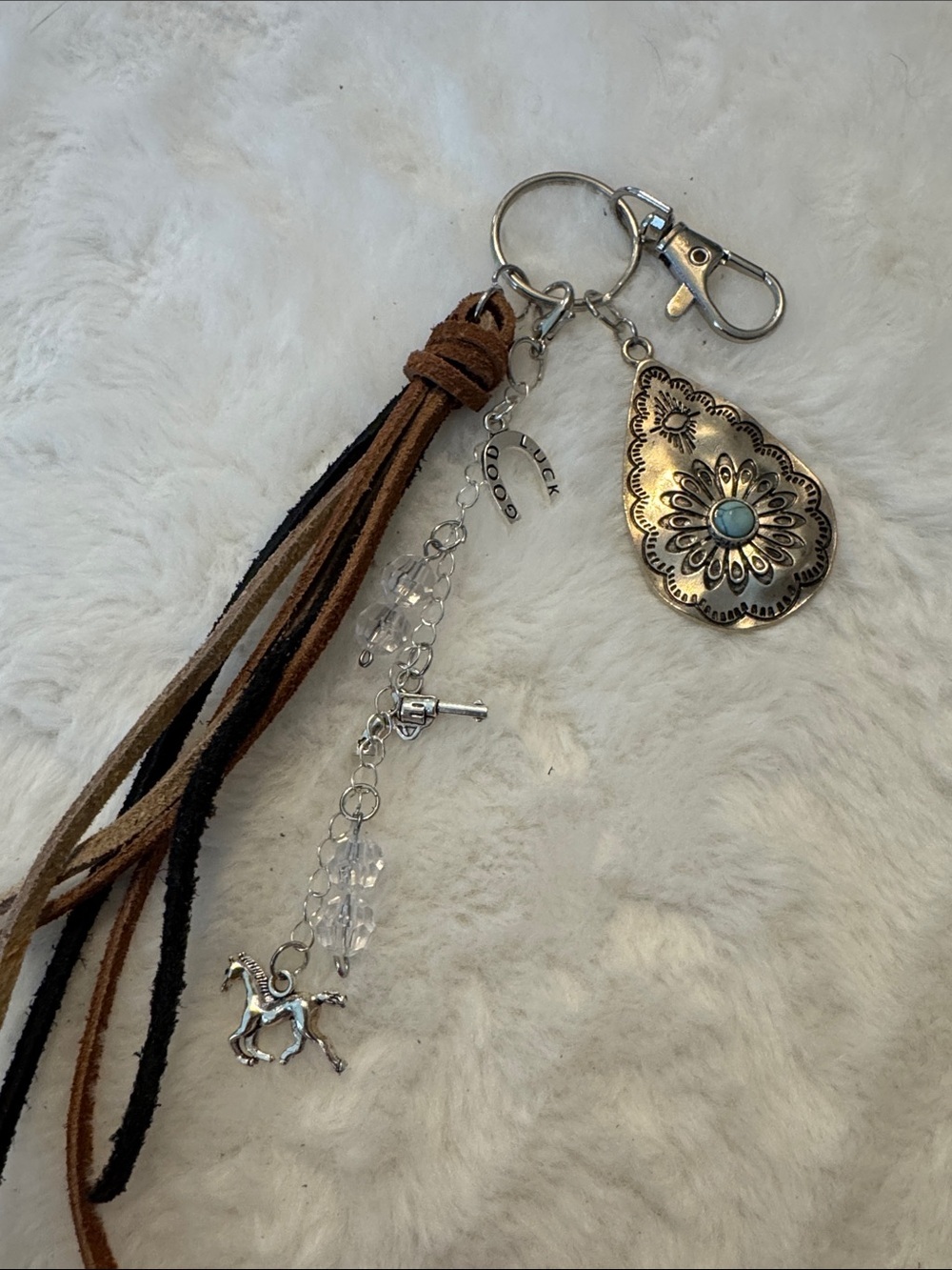 Boho Tassel and Charm Keychain with Turquoise Teardrop Accent - Picture 3 of 3
